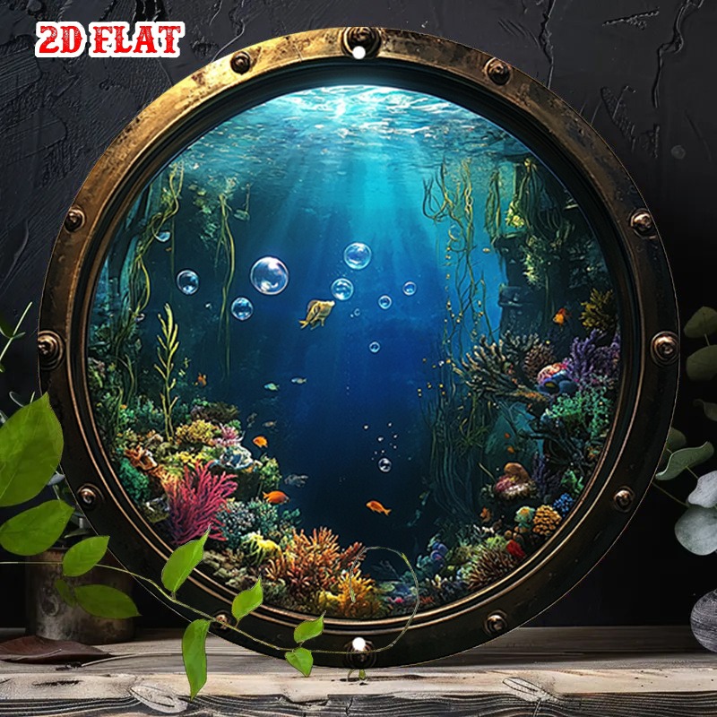 Metal Photo Panel - 素朴なヴィンテージメタルウォールサイン - 魚のいる水中の風景、丸い舷窓デザイン、アルミニウムフレーム、リビングルームの装飾に最適